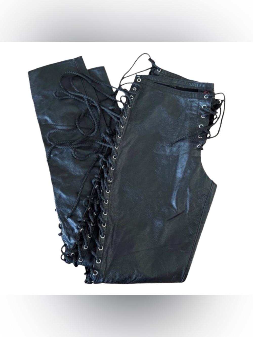 Y2K Black Lace-Up Skinny Genuine Leather Pants